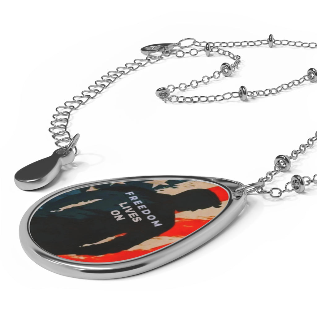 Freedom Lives On Oval Necklace - Memorial Jewelry, Patriot Gift, Adjustable Chain, Inspirational Pendant, USA Pride Accessory