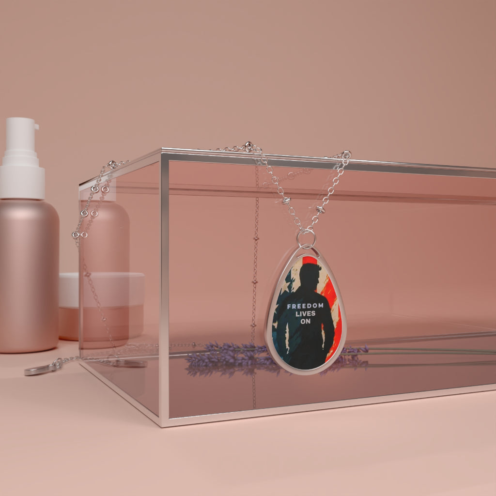 Freedom Lives On Oval Necklace - Memorial Jewelry, Patriot Gift, Adjustable Chain, Inspirational Pendant, USA Pride Accessory