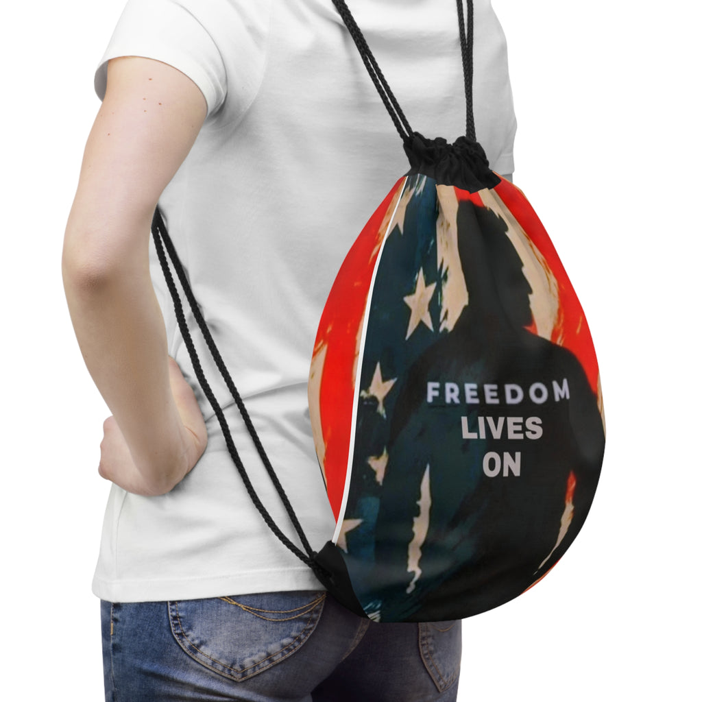 Patriotic Drawstring Bag - Freedom Lives On, Tote Bag, Gym Bag, Independence Day, Gift for Veterans, American Flag Accessories