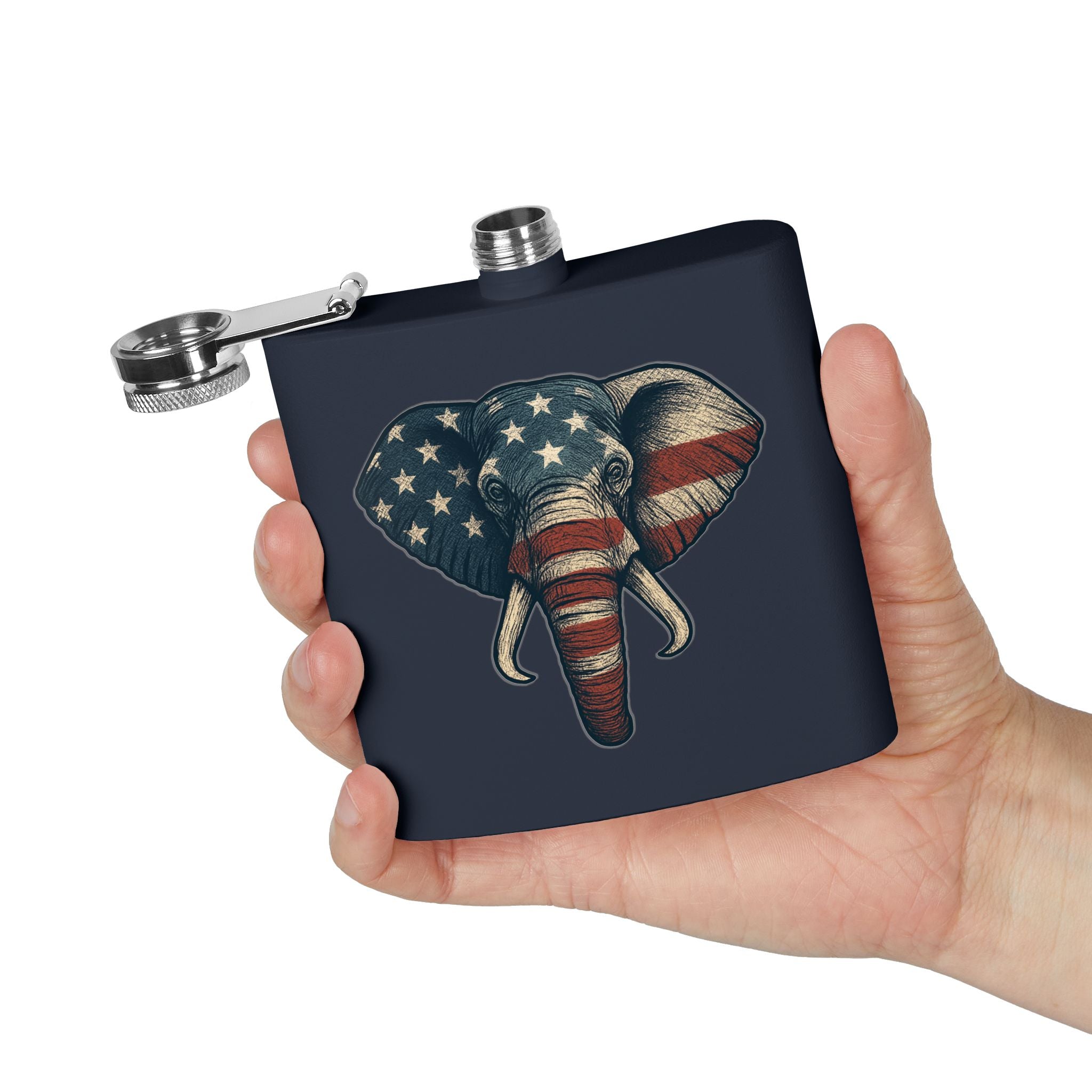 Patriotic Elephant Flask, 6oz Stainless Steel Hip Flask, USA Elephant Design, Gift for Dad, Camping, Tailgating, Memorial Day